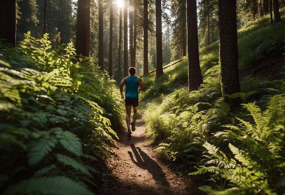 A runner glides through a lush forest, sunlight filtering through the trees. The trail winds upward, offering stunning views of mountains and valleys. Wildlife rustles in the underbrush, creating a symphony of natural sounds