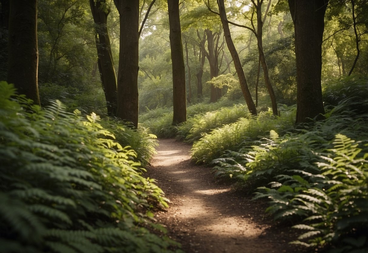 A winding trail cuts through a lush forest, dappled sunlight filtering through the canopy. Birds chirp and a gentle breeze rustles the leaves, creating a serene and tranquil atmosphere