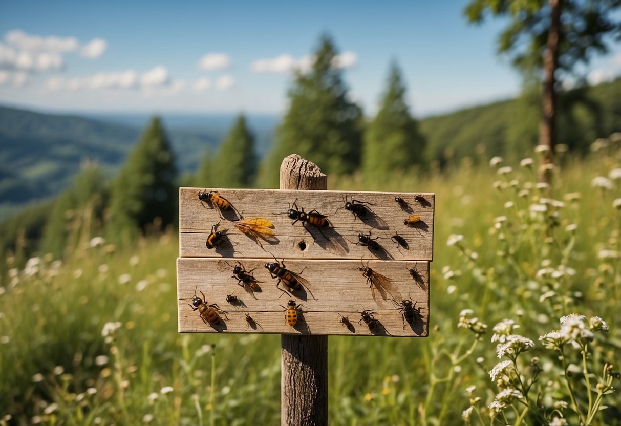 Hiking trail with various insects: ants, bees, mosquitoes. Tips written on signpost. Trees and bushes in background