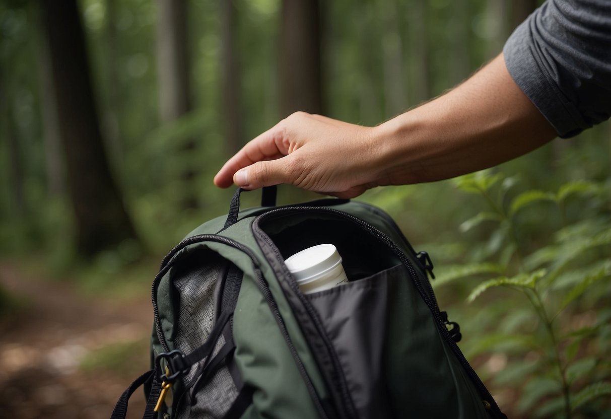 A hand reaches into a backpack, pulling out a tube of antihistamine cream. Insects buzz around the trail, as the hiker prepares to deal with potential bites and stings