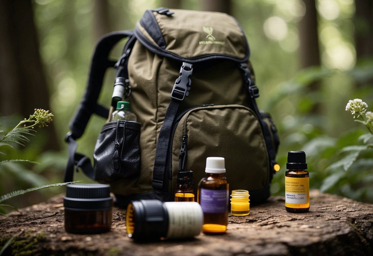 A hiker's backpack spills open, revealing bottles of essential oils and bug spray. Insects buzz around, while the hiker reads a guidebook on natural remedies