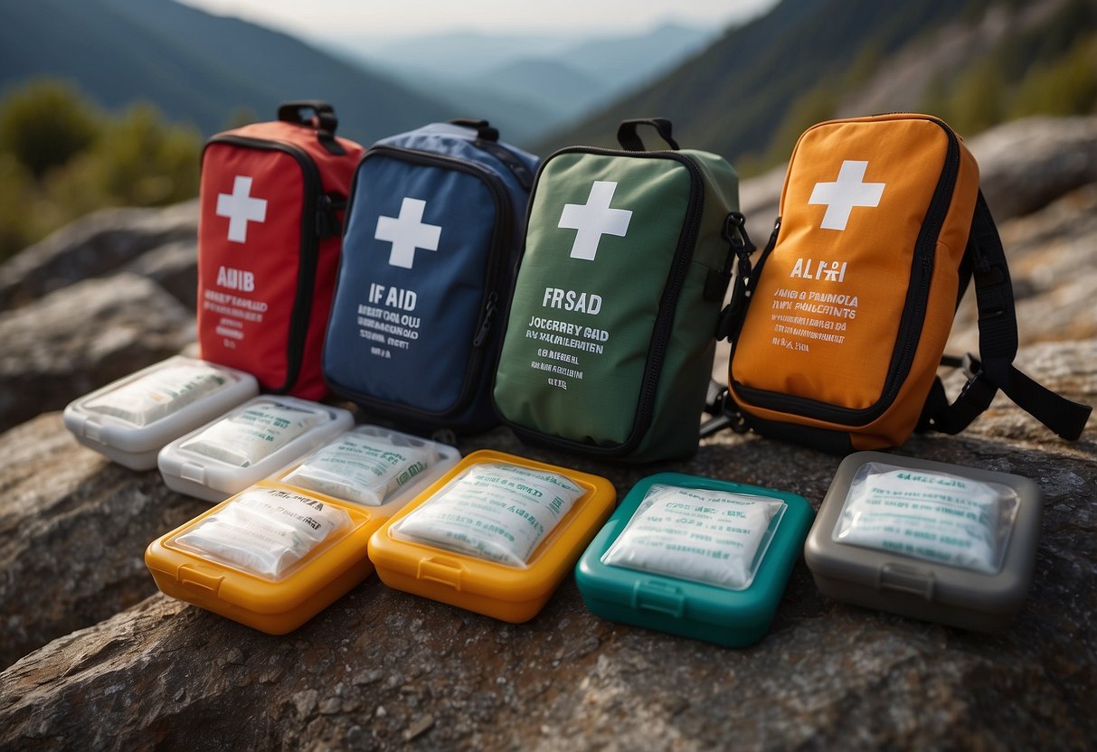 Five colorful, compact first aid kits arranged on a trail running backdrop, each labeled with essential supplies