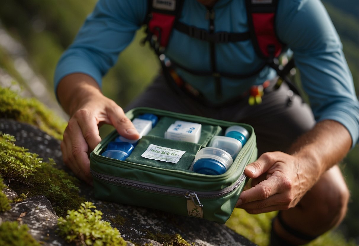 A trail runner opens the Adventure Medical Kits UltraLight/Watertight .7, revealing compact first aid supplies against a scenic backdrop of winding trails and lush greenery