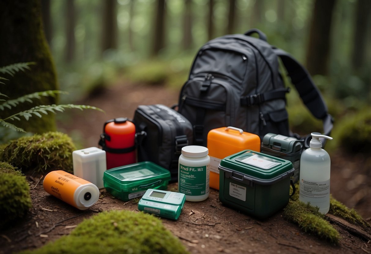 A trail with a lifeline kit, light, and first aid supplies for day hikers