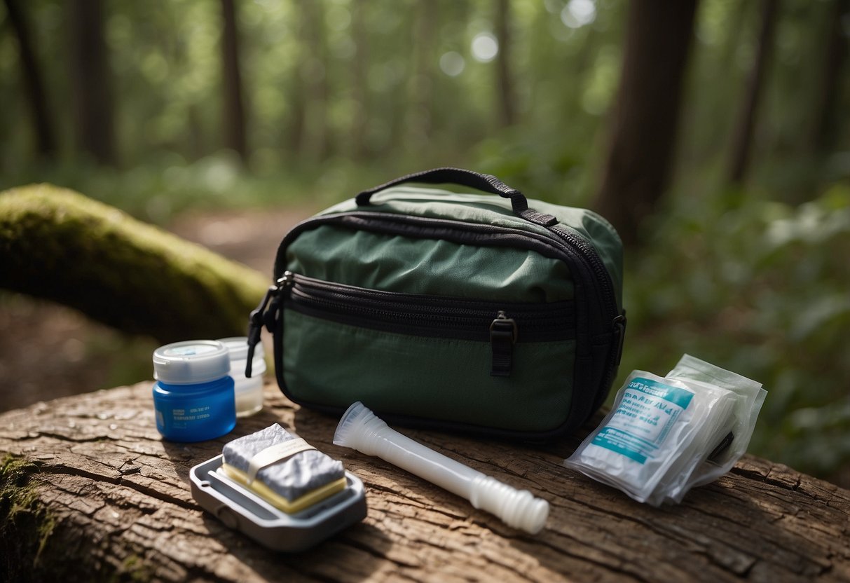 A compact first aid kit sits on a trail with running shoes nearby. The kit is open, revealing bandages and supplies. The scene is surrounded by trees and nature