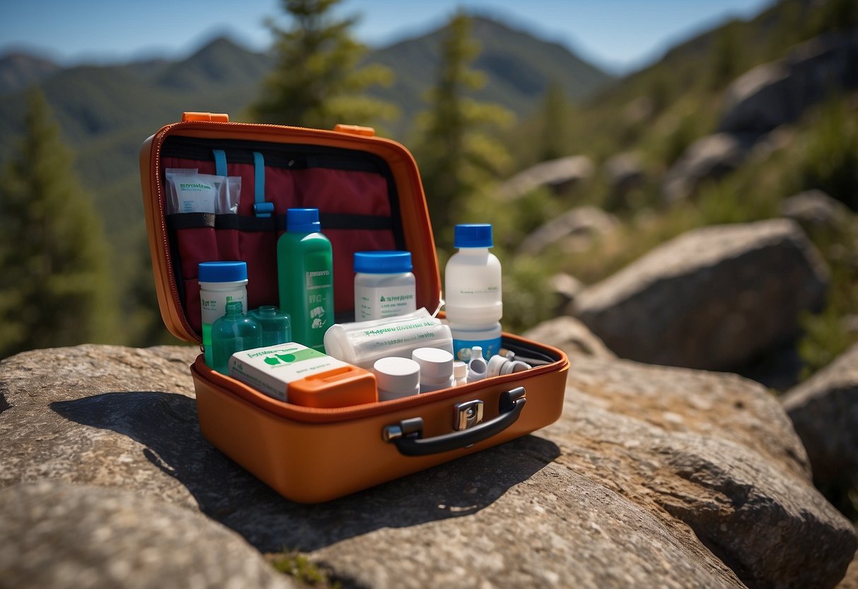 A compact first aid kit sits atop a rocky trail, surrounded by lush greenery and a clear blue sky