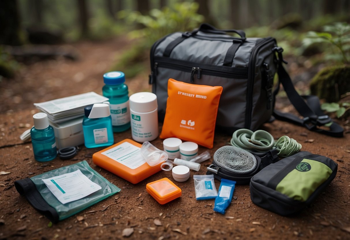 A small first aid kit lying on the ground, surrounded by trail running gear and equipment. The kit is open, showing its contents neatly organized inside