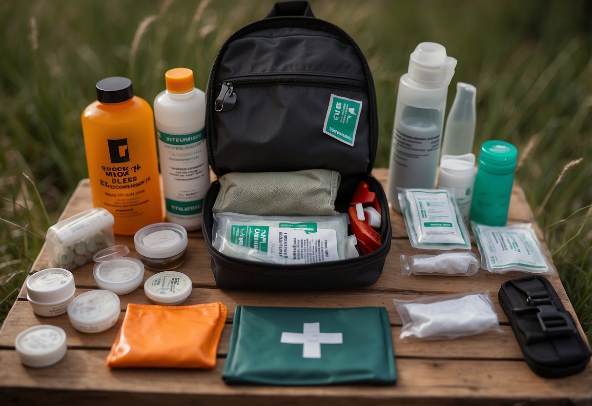 A trail runner's lightweight first aid kit sits open, with neatly organized supplies ready for use in case of emergency