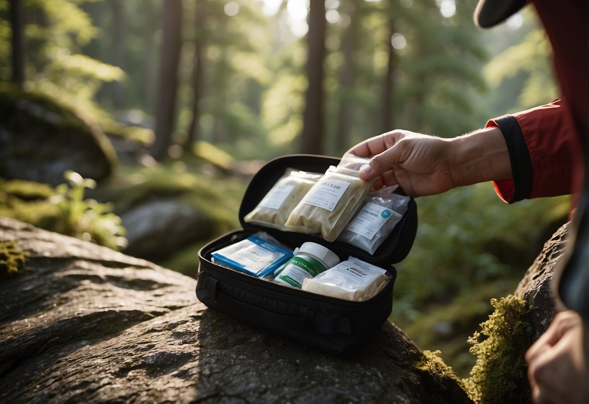 A hand reaches into a compact, lightweight first aid kit, restocking items like bandages, antiseptic wipes, and gauze. The kit sits on a rocky trail, surrounded by trees and nature