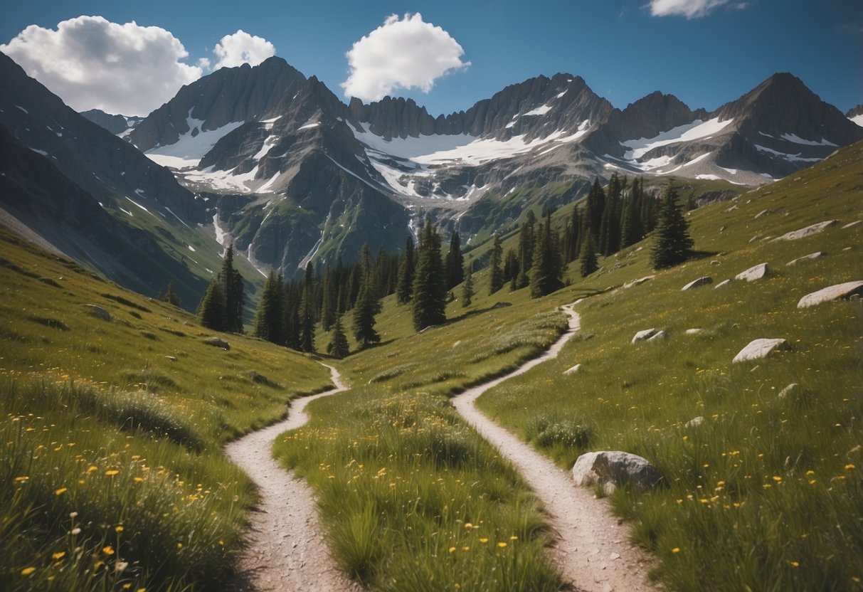 A winding mountain trail cuts through lush green meadows, leading to snow-capped peaks and crystal-clear alpine lakes. Sunlight filters through the trees, casting dappled shadows on the path