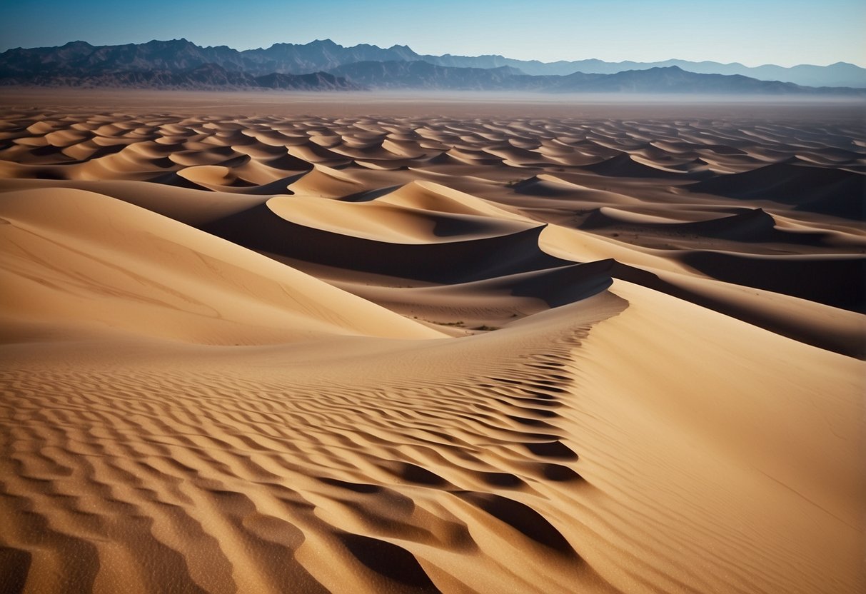 A desert landscape with rolling sand dunes, rugged mountains, and a clear blue sky. A trail winds through the terrain, showcasing the beauty of the Marathon des Sables in Morocco