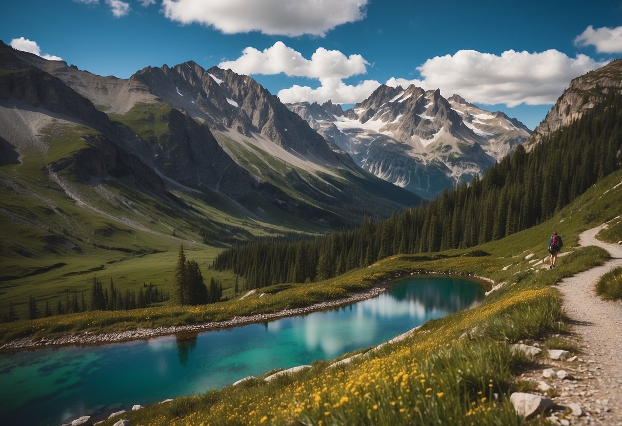 Alpine trail winds through lush forests, past crystal-clear lakes, and over rugged peaks. Snow-capped mountains loom in the distance as the trail meanders through breathtaking scenery