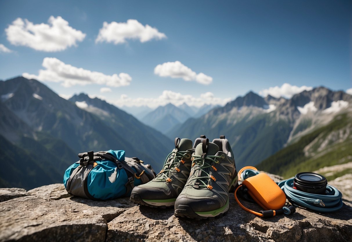 Alpine trail running gear laid out on a mountain backdrop with a map, hydration pack, trail shoes, and trekking poles