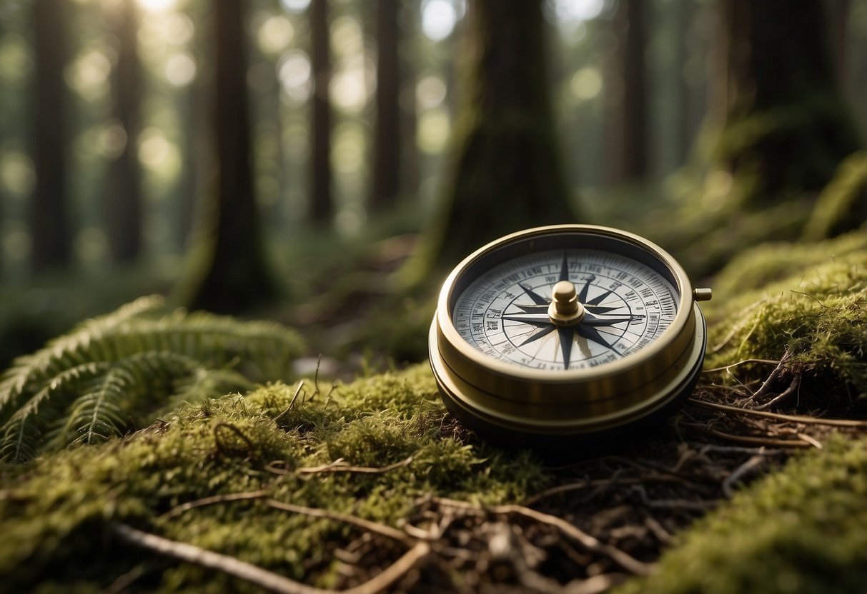 A compass and map lay on a mossy forest floor, surrounded by tall trees and dappled sunlight. The compass needle points north, while the map shows a winding trail through the woods