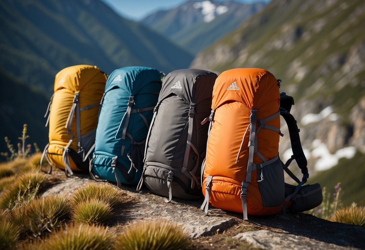 A trail runner's backpacks arranged against a scenic mountain backdrop. Each pack is lightweight and designed for endurance and comfort