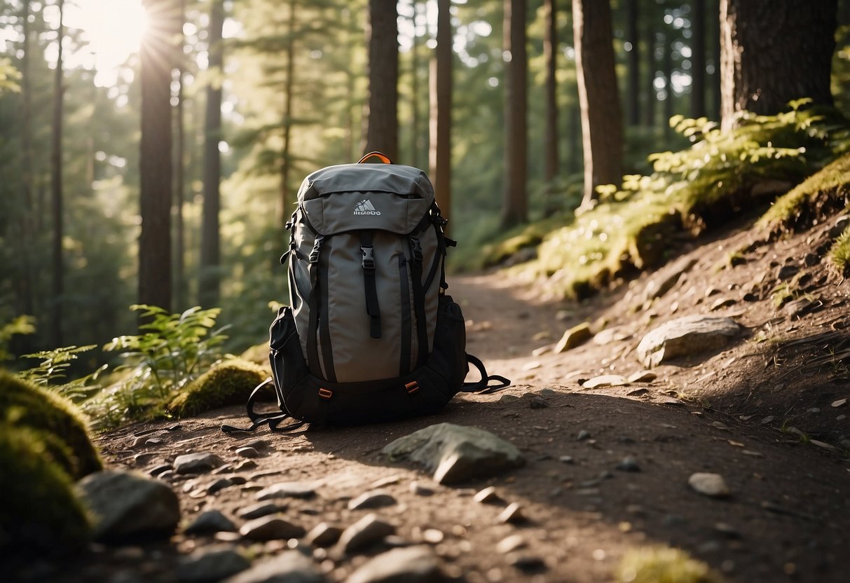 A trail runner's backpack floats over a rocky path, showcasing its lightweight design and adjustable straps. The sun shines through the trees, highlighting the backpack's sleek and practical features