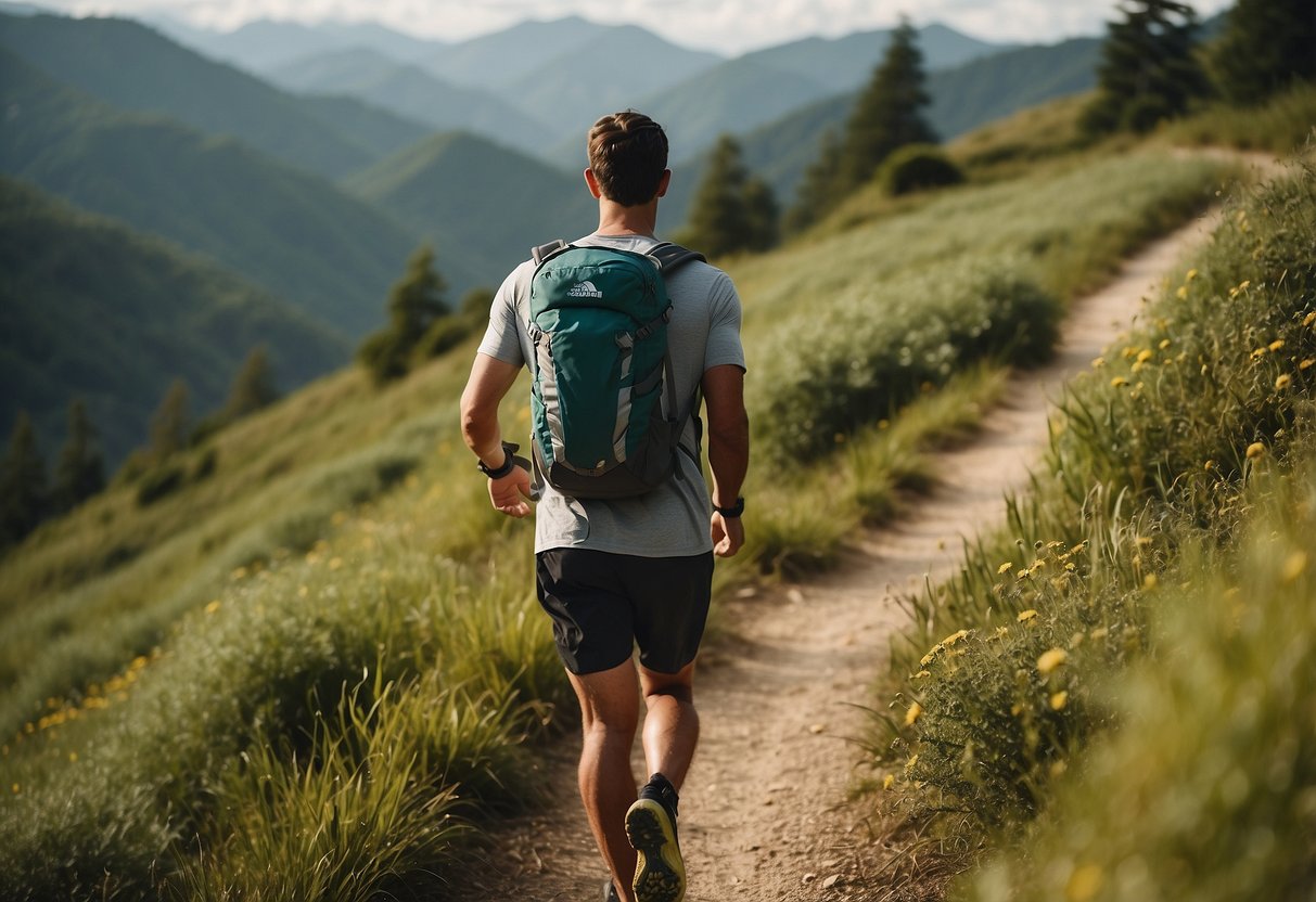 A scenic trail with rolling hills, winding paths, and lush vegetation. A runner wearing a lightweight backpack, navigating the terrain with ease