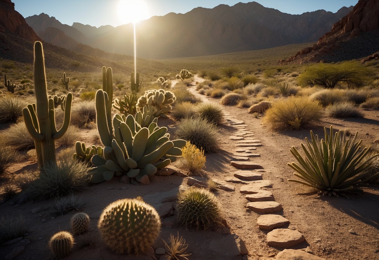 A winding desert trail cuts through rocky terrain, flanked by cacti and scrub brush. The sun beats down on the arid landscape, casting long shadows on the sandy path