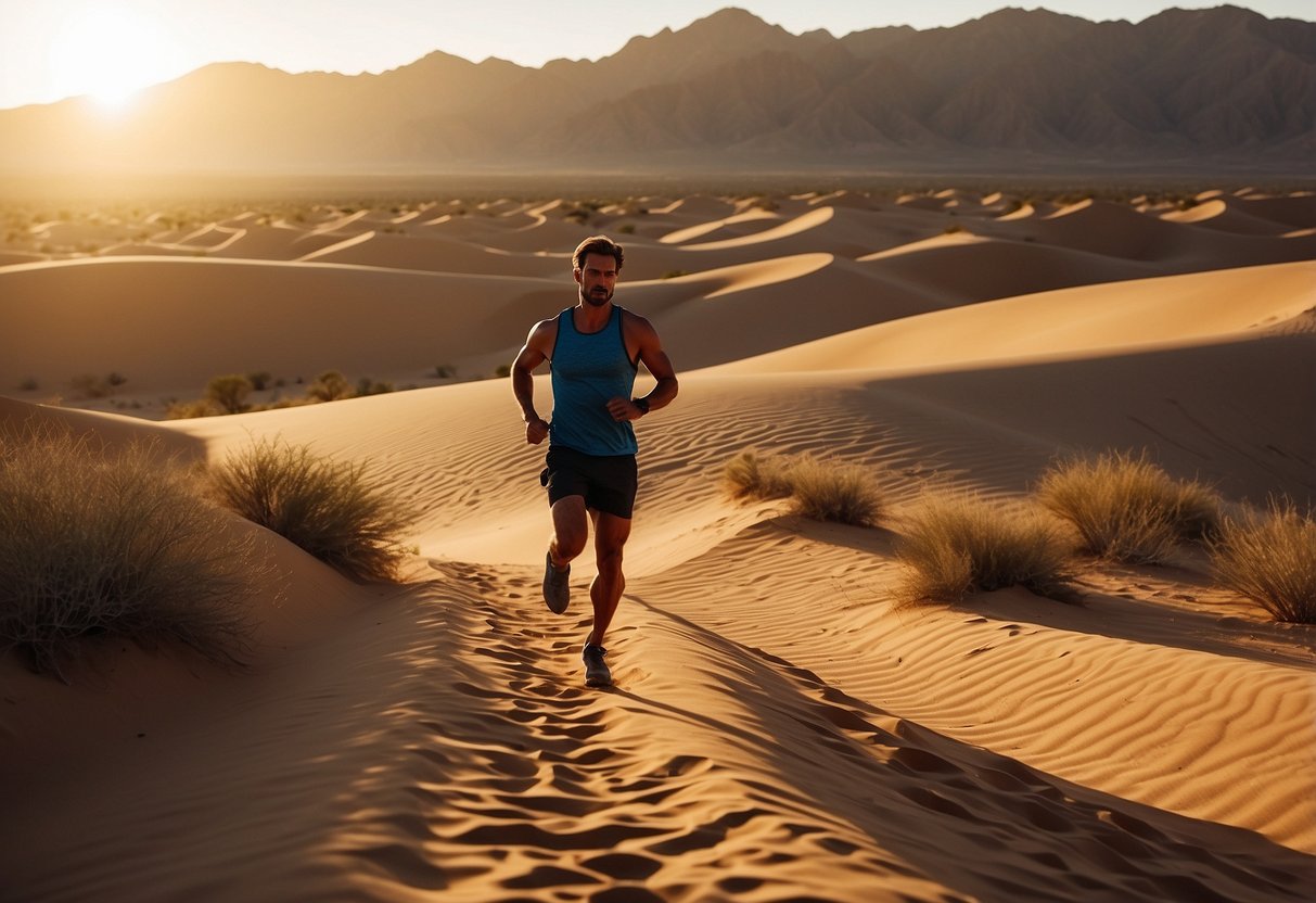 A runner traverses a vast desert landscape, with winding trails leading through rocky canyons and golden dunes. The sun sets in the distance, casting a warm glow over the rugged terrain