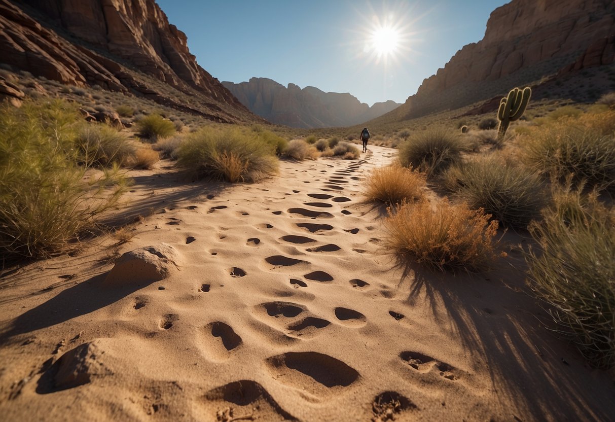 A desert trail winds through rugged terrain, with cacti and rocky outcrops. The sun beats down on the sandy path, casting long shadows. A lone runner's footprints mark the ground