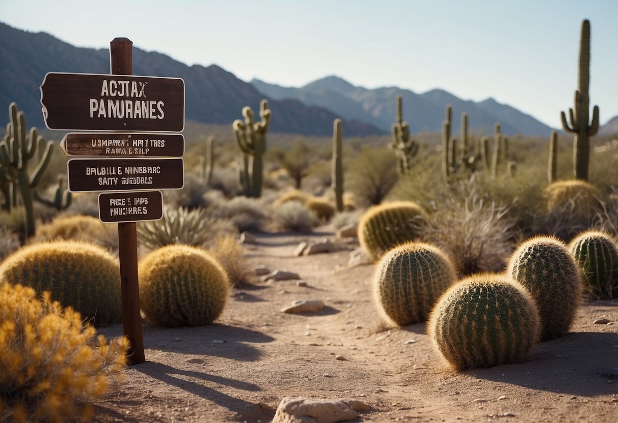 A desert trail winds through rocky terrain, with cacti and sparse vegetation. A signpost displays safety tips and guidelines for runners