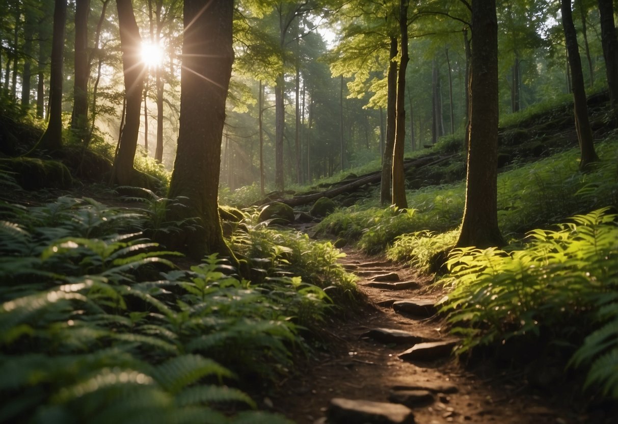 A trail winds through a lush forest, sunlight filters through the trees. A runner navigates over roots and rocks, breathing in the fresh air. Birds chirp and a stream gurgles in the background