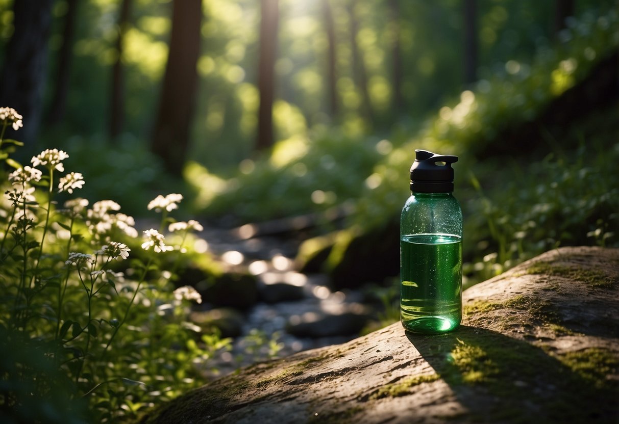 A trail winds through a lush forest, with a clear stream running alongside. Sunlight filters through the trees, creating dappled shadows on the path. A water bottle sits on a rock, surrounded by wildflowers