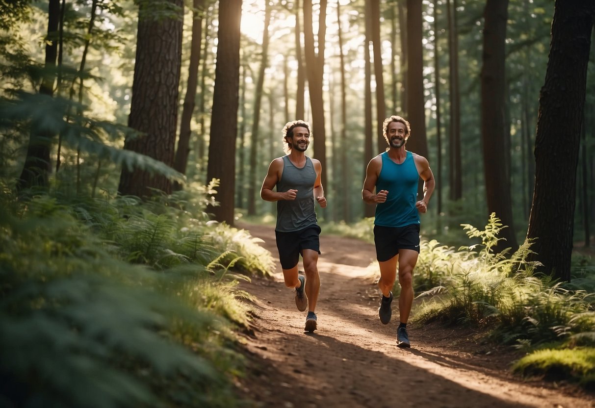 Two runners navigate a winding forest trail, surrounded by tall trees and dappled sunlight. They run side by side, chatting and laughing as they enjoy the natural surroundings