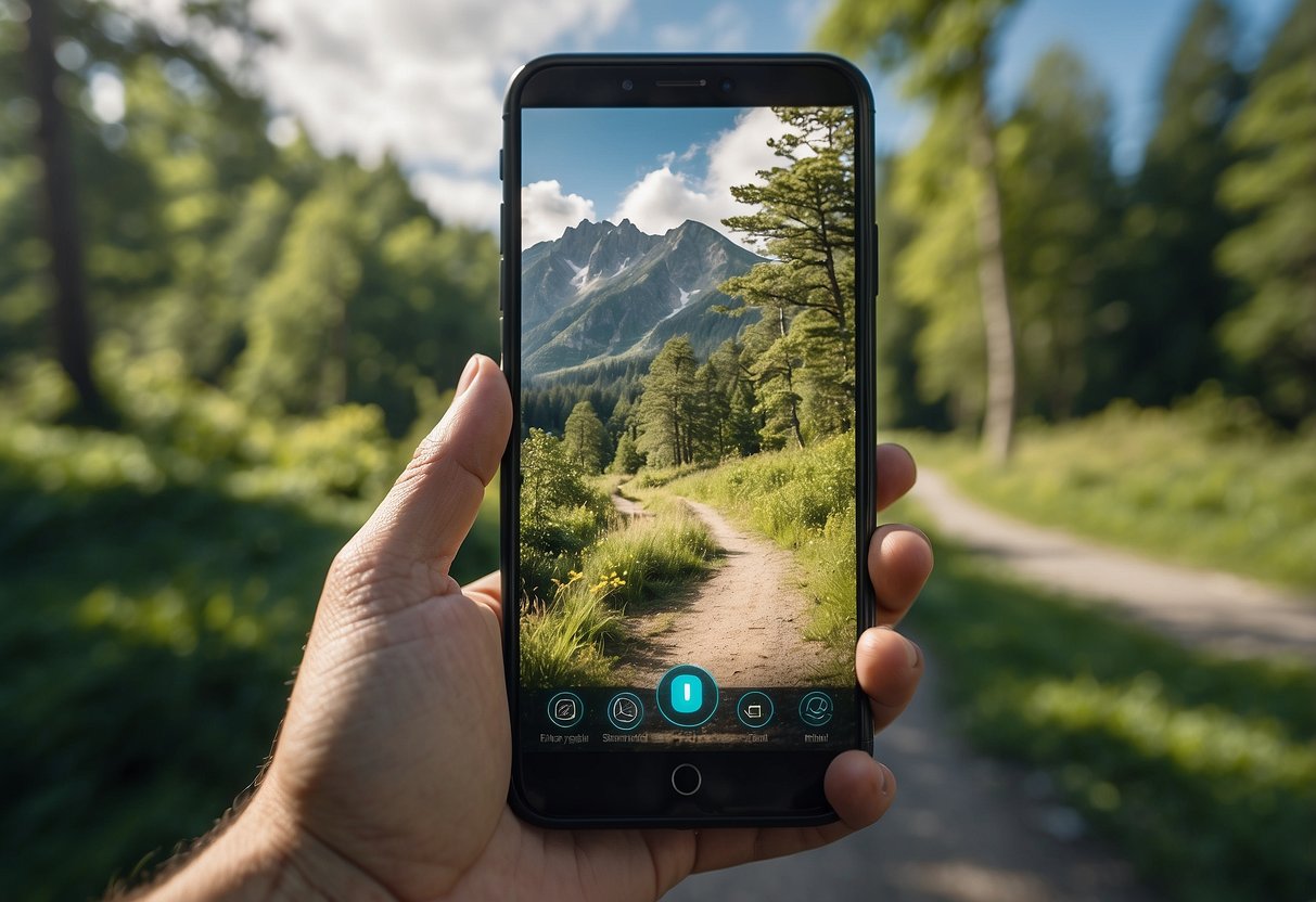 A smartphone with a trail running app open, surrounded by lush green trees and a winding path, with a bright blue sky overhead