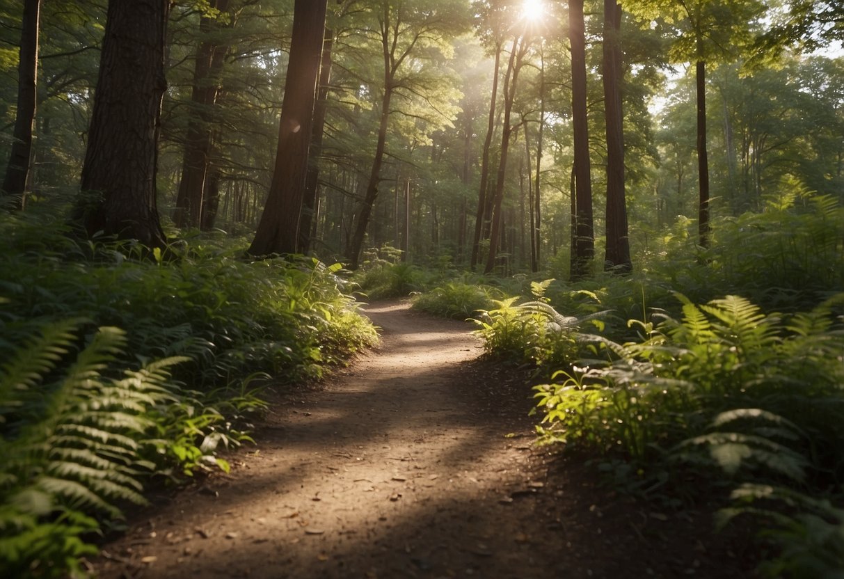 A trail winds through a lush forest, with varying terrain and elevation. A runner alternates between sprints and recovery periods, following a marked interval training plan. Sunlight filters through the trees, creating dappled patterns on the ground