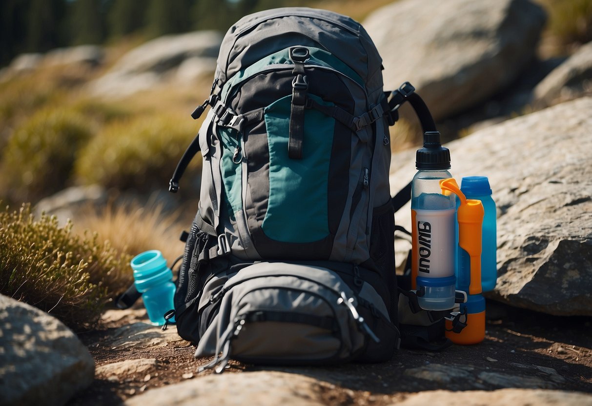 A trail runner's backpack with various hydration systems, including water bottles and hydration bladders, laid out on a rocky trail