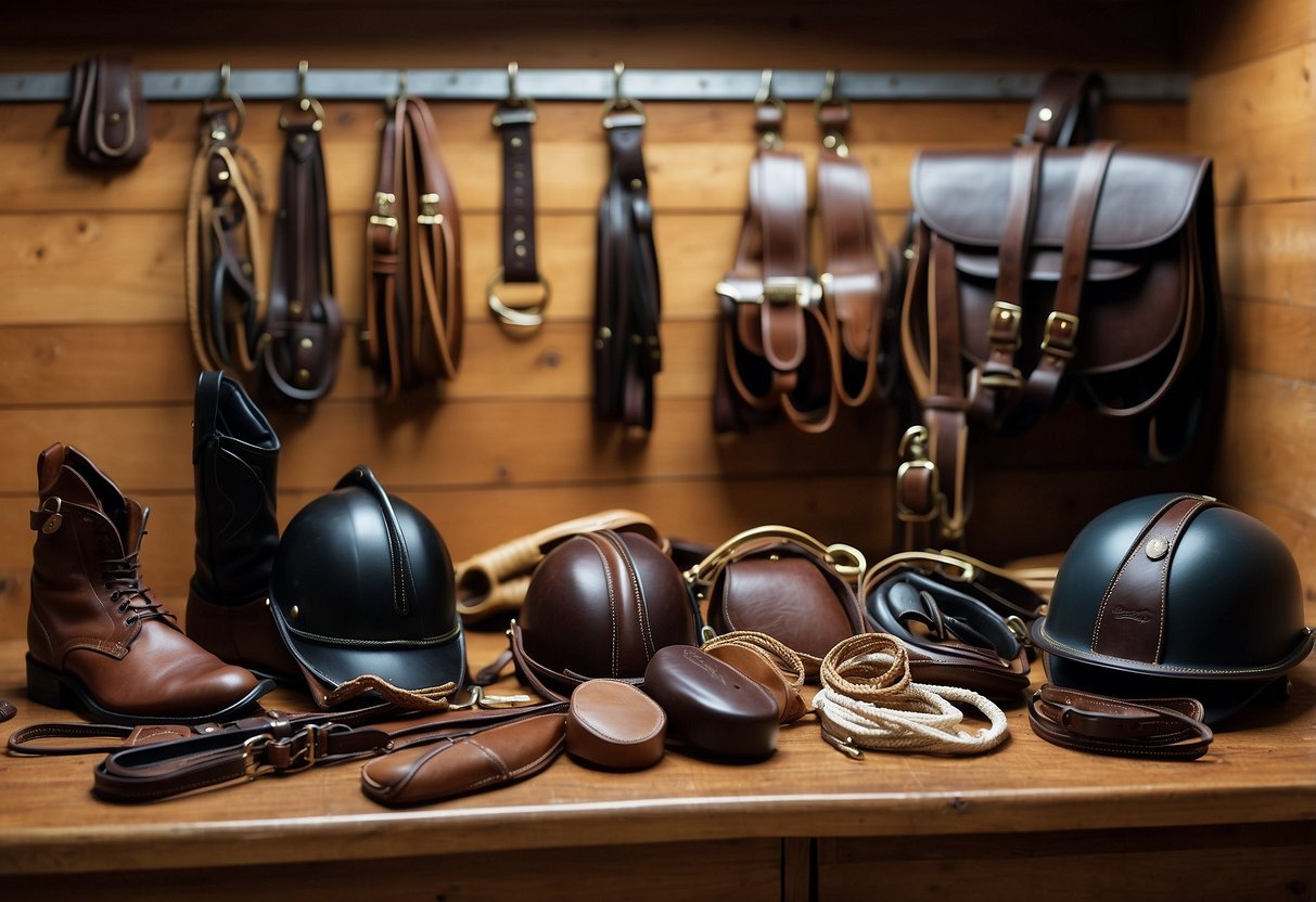 A saddle, bridle, helmet, boots, gloves, grooming kit, saddle pad, stirrups, lead rope, and horse treats arranged neatly in a tack room