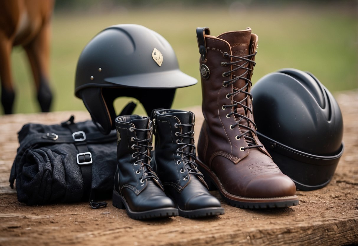 A pair of TuffRider Starter Boots sits neatly next to a helmet, saddle, and other essential gear for beginner horseback riders