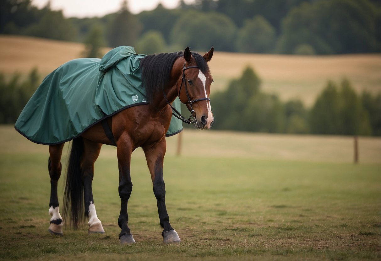 A horse wearing Tough-1 Contour Fly Sheet among beginner rider gear items