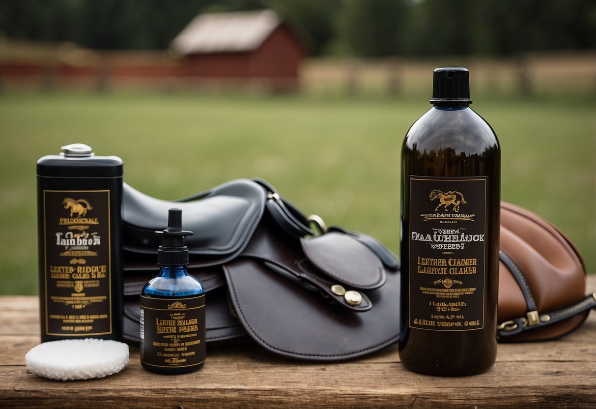 A bottle of Farnam Leather New Cleaner sits next to a saddle, helmet, and other essential gear for beginner horseback riders