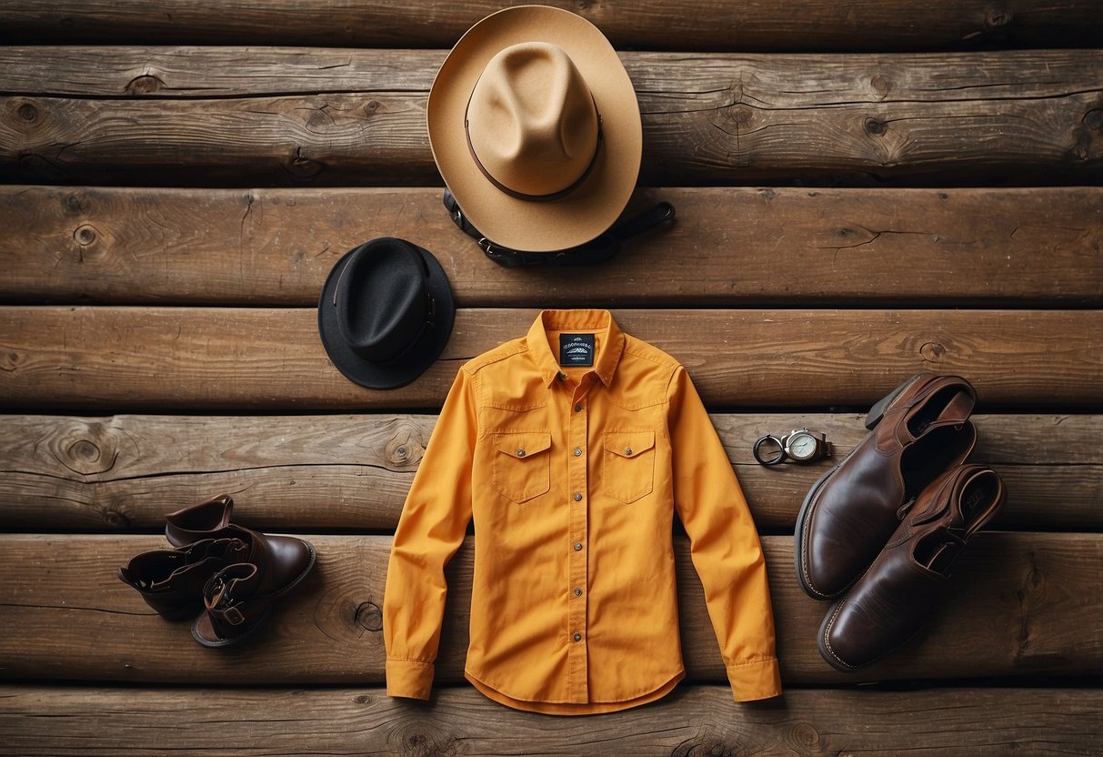 A vibrant Ariat Sunstopper shirt hangs on a rustic wooden fence, surrounded by essential gear items for beginner horseback riders