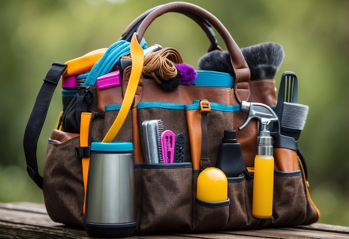 A colorful tote bag filled with horse grooming tools, a helmet, riding gloves, and other essential gear for beginner horseback riders