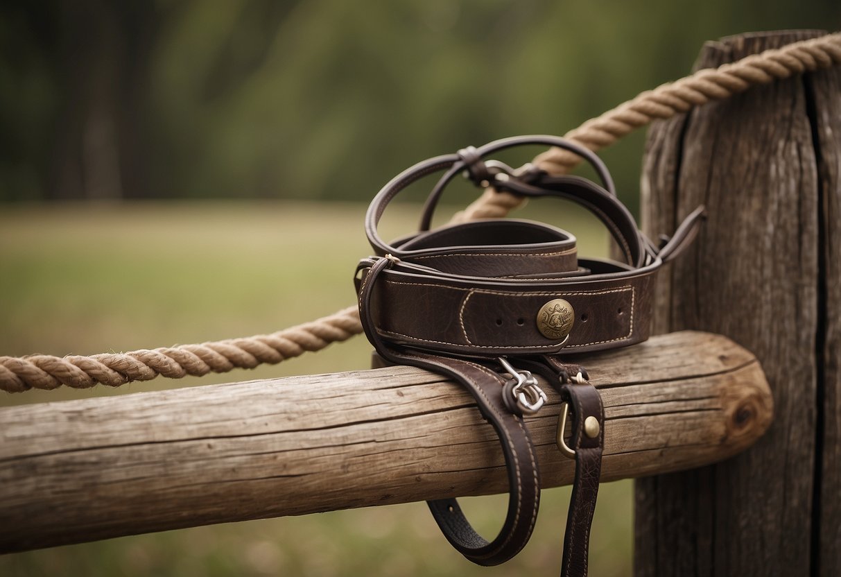 A pair of soft grip roping reins hangs from a wooden fence post, surrounded by other essential gear items for beginner horseback riders