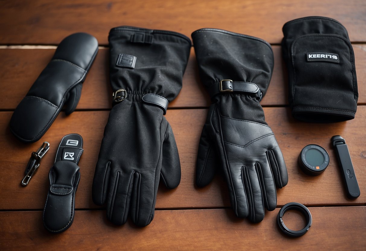 A pair of Kerrits Ice Fil riding gloves laid out next to essential gear items for beginner horseback riders