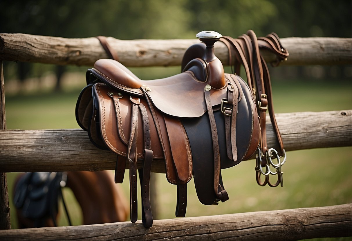 A saddle, bridle, grooming kit, hoof pick, helmet, riding boots, gloves, saddle pad, lead rope, and halter laid out neatly on a wooden fence post