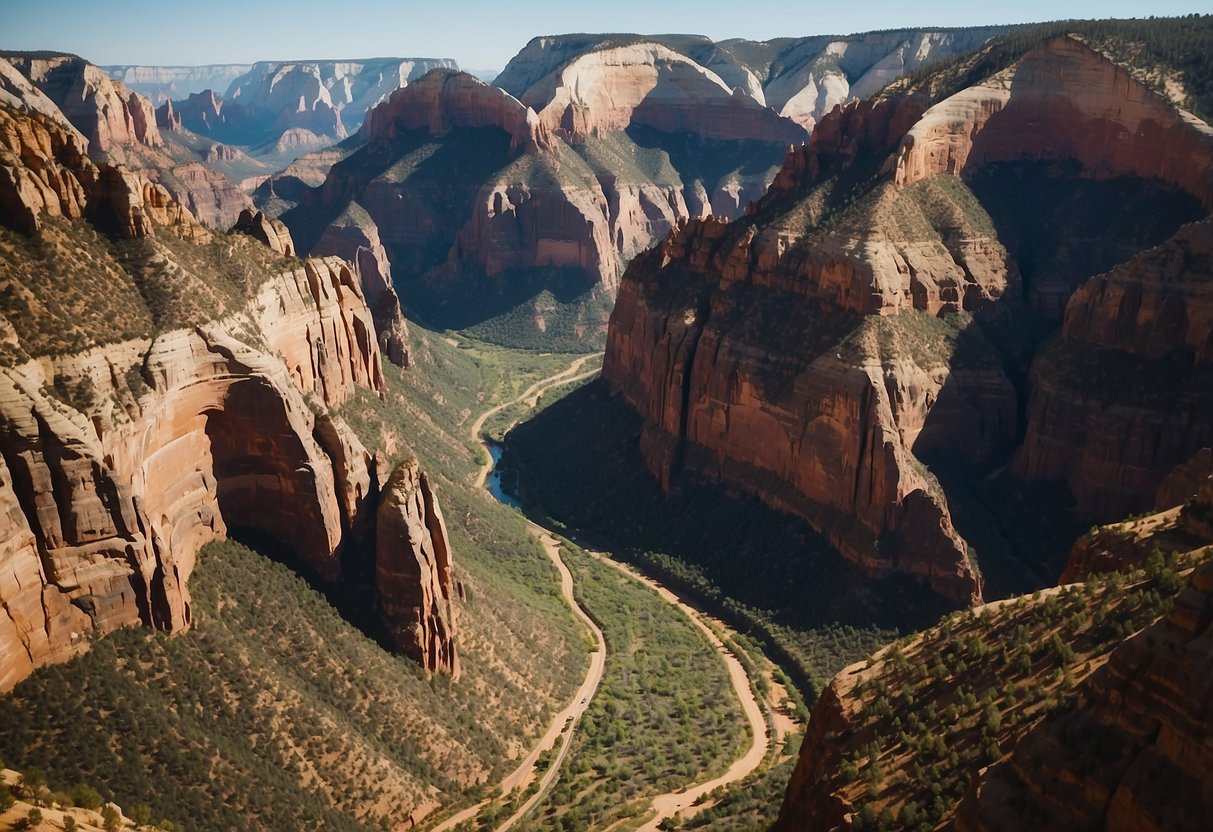 A majestic canyon overlook in Zion National Park, with winding horseback riding trails through the stunning natural landscape