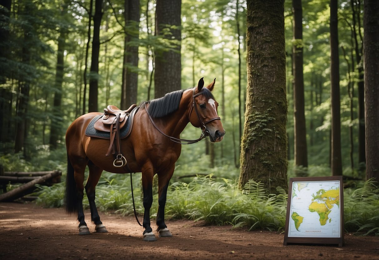 A horse saddled with gear stands next to a trail map at the entrance of a national park, surrounded by lush greenery and towering trees