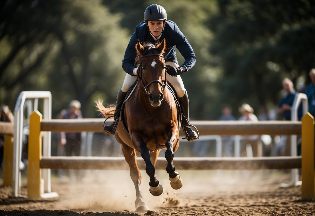 A horse galloping through an obstacle course, with a rider demonstrating proper posture and balance. The rider's focus is on maintaining a strong connection with the horse and smoothly navigating the course