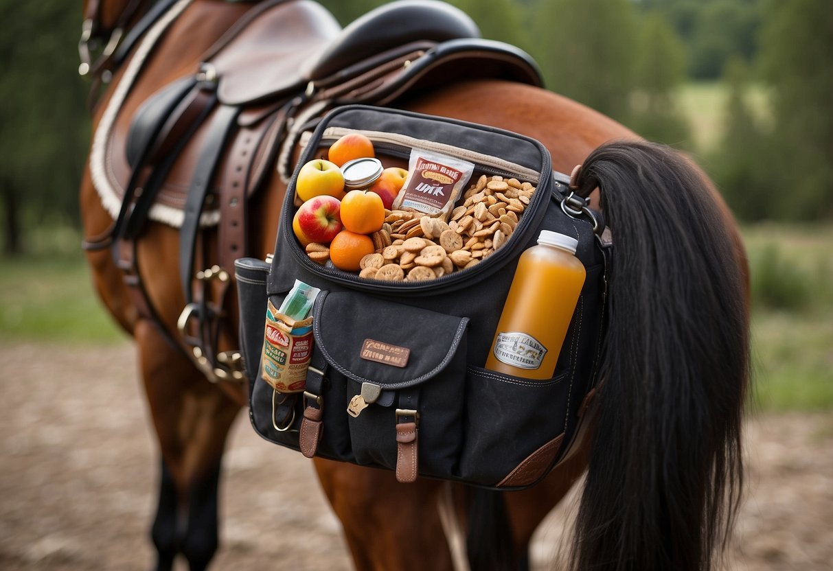 A saddlebag filled with an assortment of snacks hangs from the side of a saddle, including apples, carrots, granola bars, and trail mix. The horse stands patiently, ready for a riding adventure