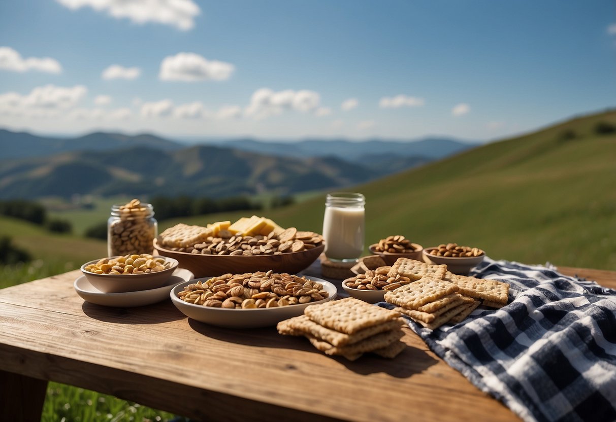 A rustic wooden picnic table with a plaid blanket spread out, adorned with an assortment of granola bars and other tasty snacks, set against a backdrop of rolling green hills and a clear blue sky