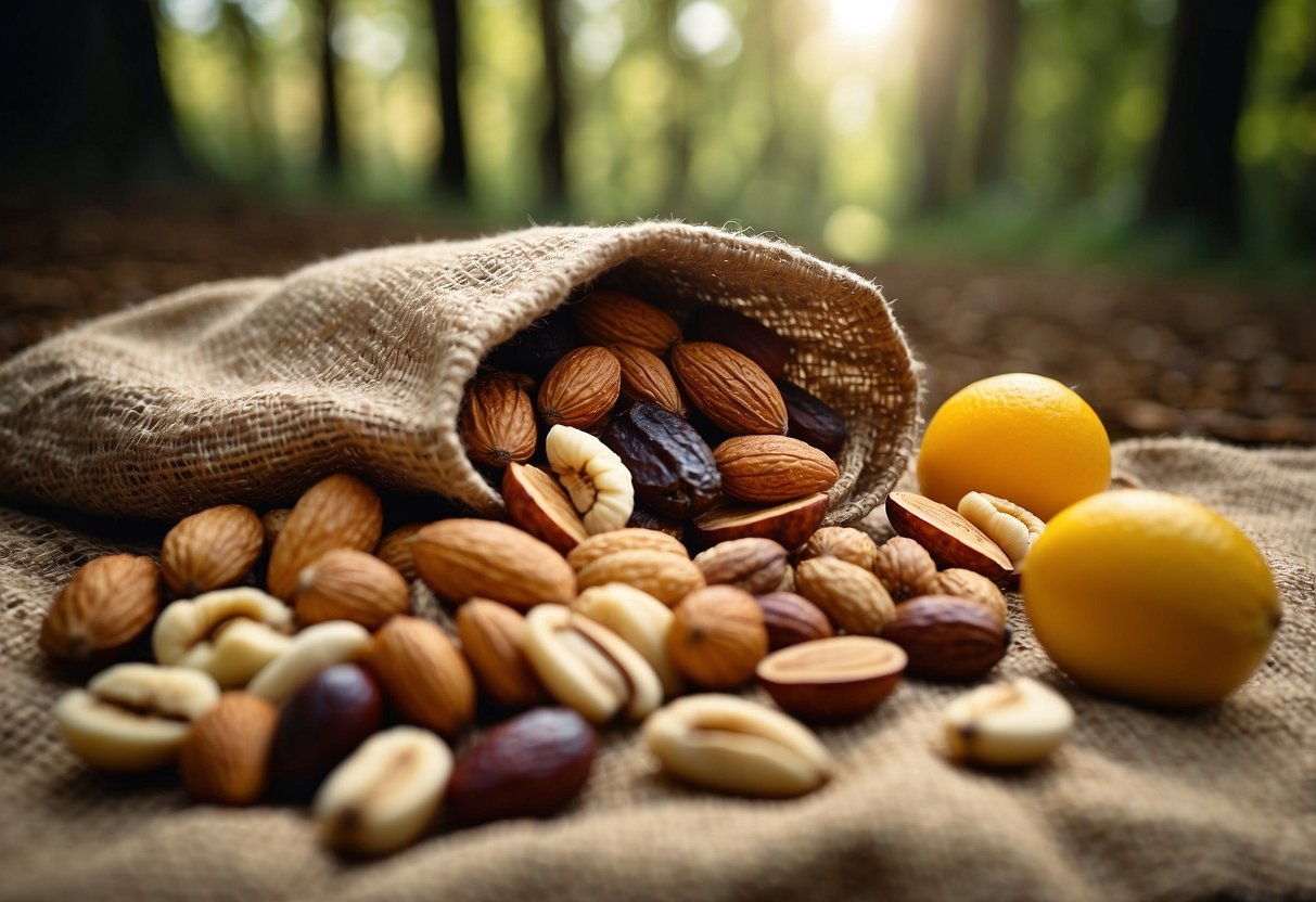 A colorful array of nuts, seeds, and dried fruits spill out of a rustic burlap bag onto a checkered picnic blanket, with a backdrop of a serene, sun-dappled forest trail