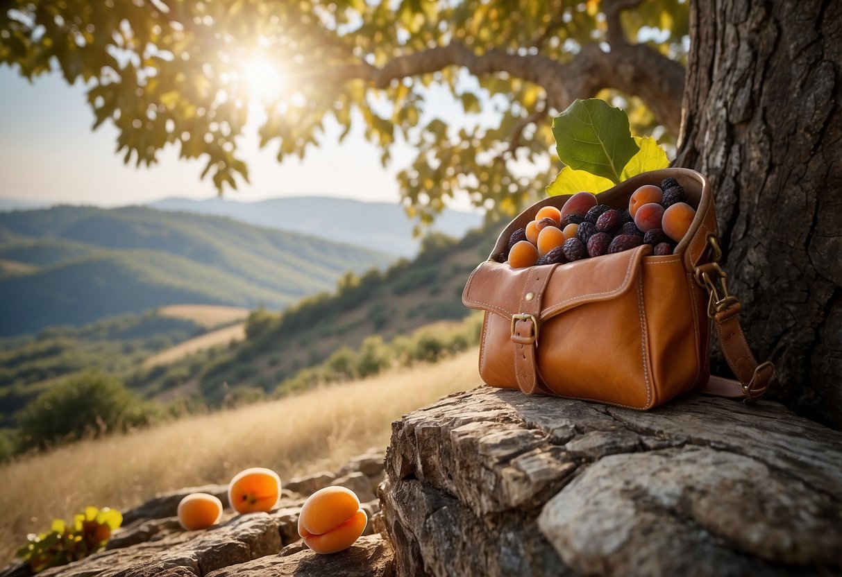 A rustic saddlebag holds a variety of dried fruits - apricots, figs, and dates. A trail winds through a scenic landscape of rolling hills and tall trees