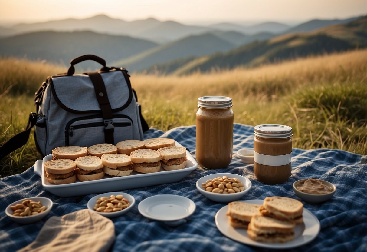 A picnic blanket with a spread of peanut butter sandwiches, surrounded by riding gear and a scenic view of rolling hills