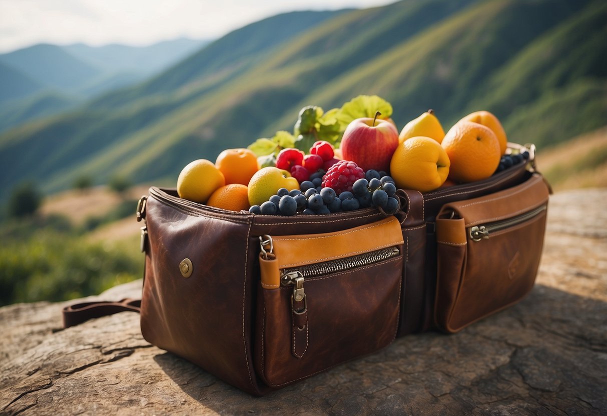 A colorful array of fruit leathers arranged in a rustic saddlebag, surrounded by a backdrop of rolling hills and a winding trail