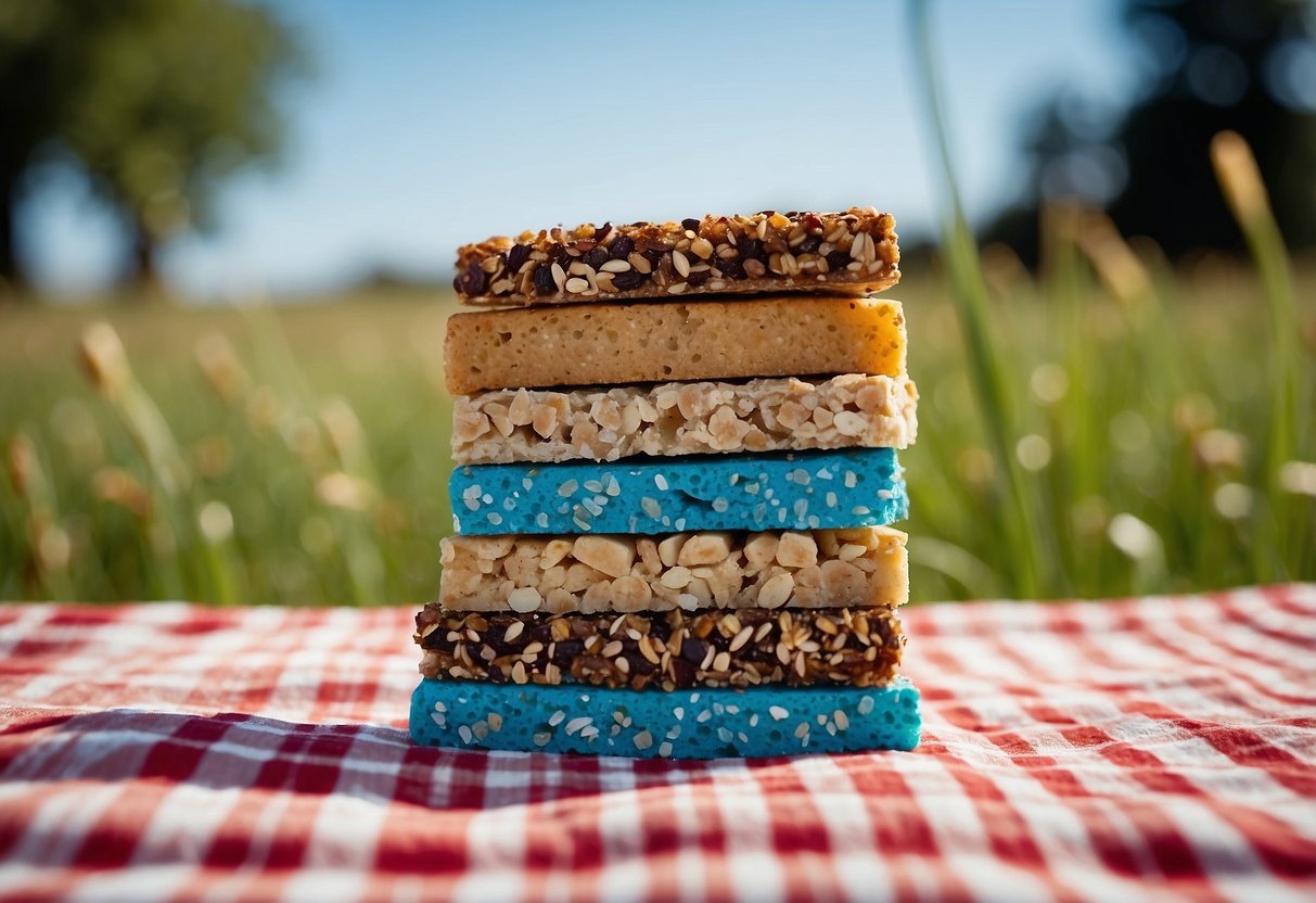 A colorful array of energy bars laid out on a checkered picnic blanket, surrounded by tall grass and a clear blue sky